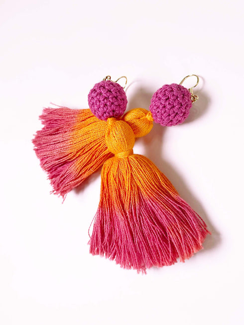 Statement Tassel Earrings w/ 18K Gold Plated Post, Long Fringe Ombre Earrings, Dangle Earrings for Her, Crochet Earrings, Bohemian Jewelry